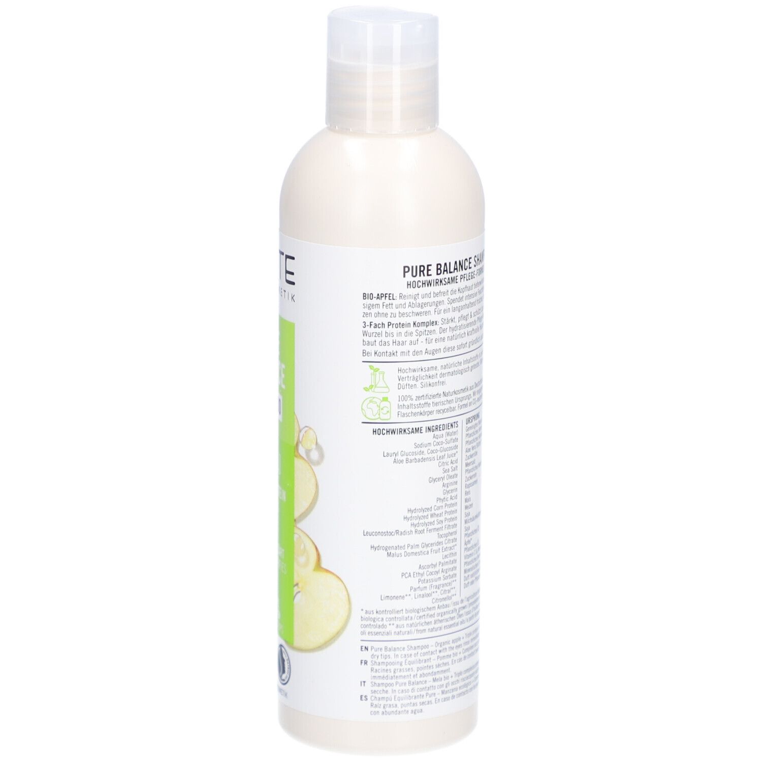 Dos du flacon de shampooing SANTE Pure Balance. Contient des informations, des ingrédients et un symbole de recyclage.