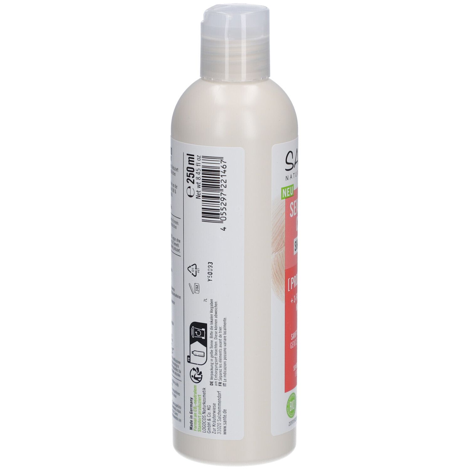 Shampooing SANTE Sensitive Care. Dos de la bouteille avec texte et code-barres. Contient des informations sur les ingrédients et les certifications.