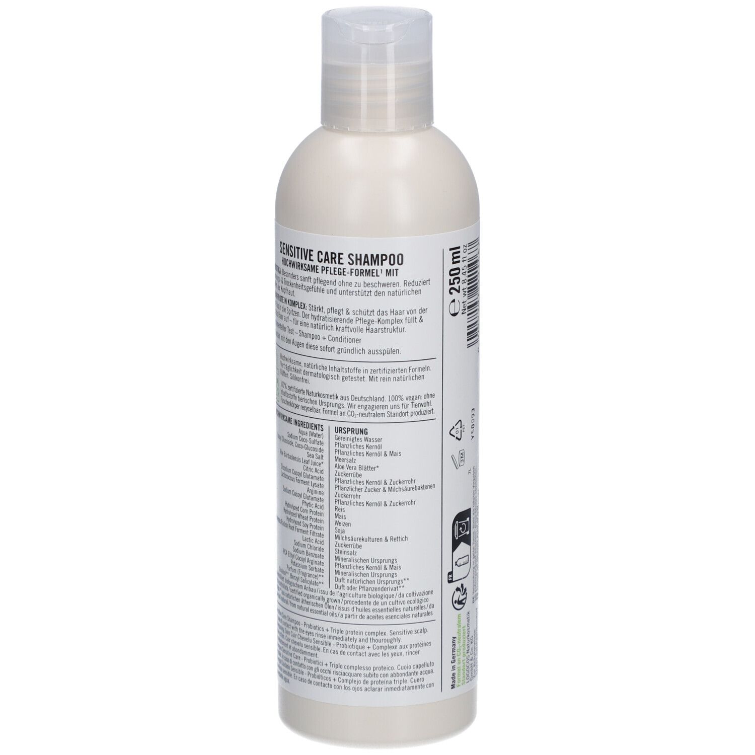 Shampooing SANTE Sensitive Care. Bouteille avec texte. Contient des informations sur les ingrédients, l'utilisation et les certifications.