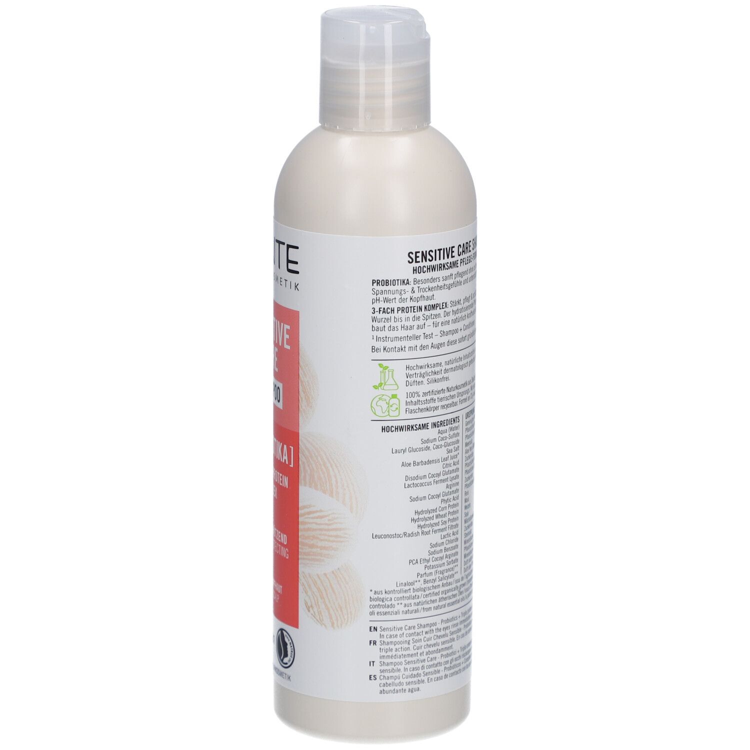 Shampooing SANTE Sensitive Care. Bouteille avec texte. Contient des informations sur les ingrédients, l'utilisation et les certifications.