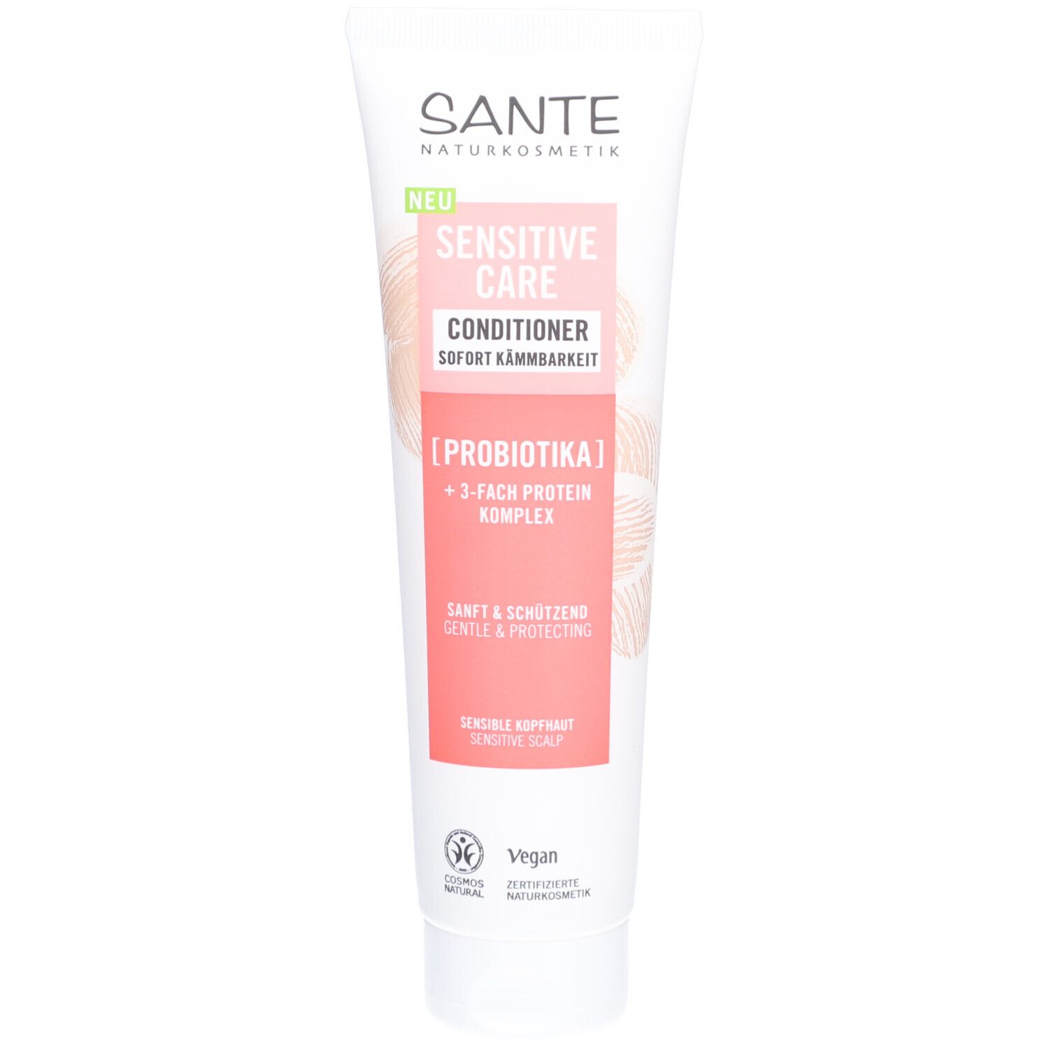 Tube blanc avec logo SANTE et inscription 'Sensitive Care Conditioner'. Zone rose avec informations produit et label Vegan.