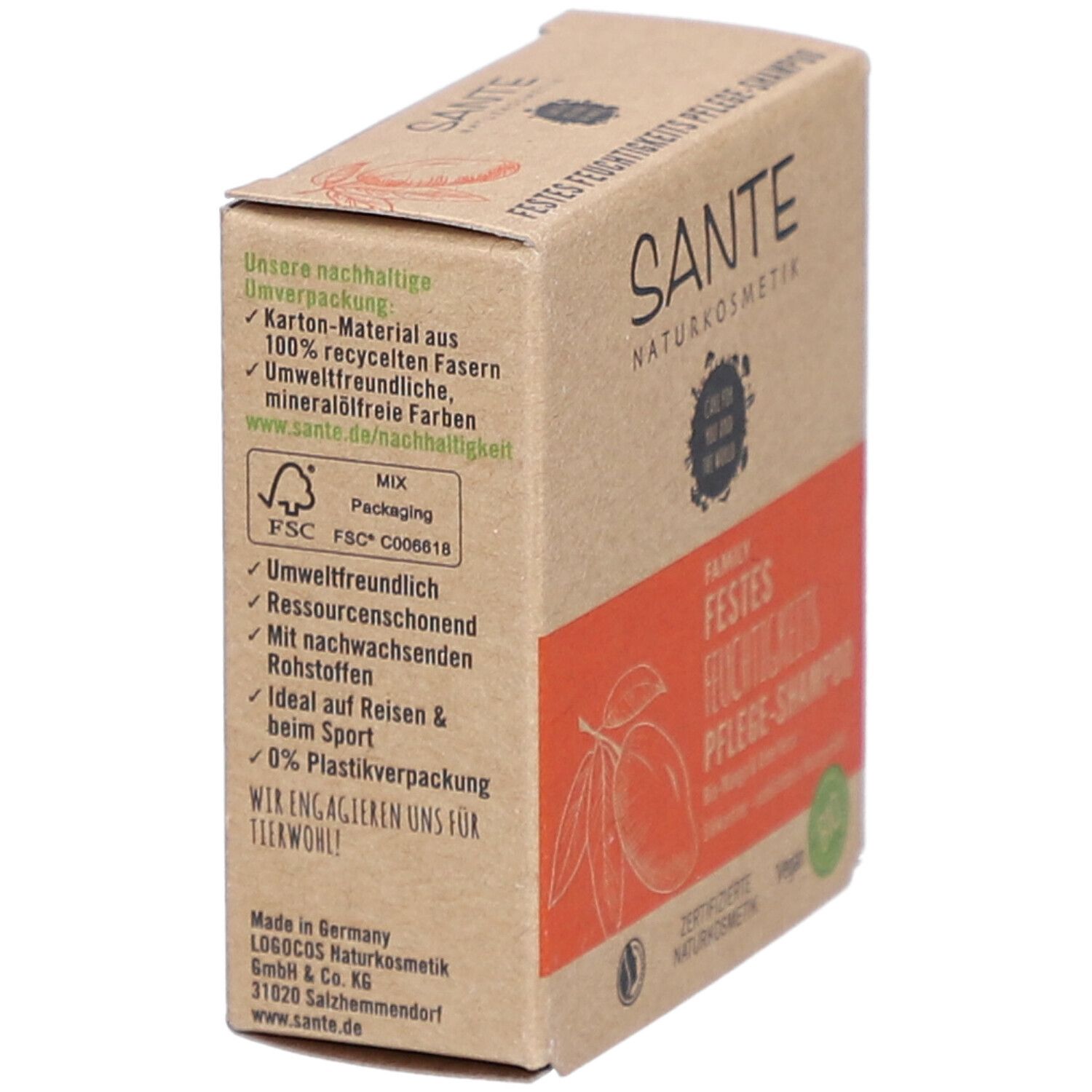 Kartonverpackung aus recyceltem Material. Text über Nachhaltigkeit und 0% Plastik. FSC-Siegel und Logo.