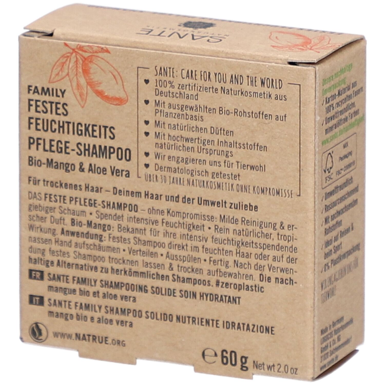 Karton mit Produktinformationen. SANTE-Logo, Produktname, Inhaltsstoffe. Bio-Zertifizierung und Gewicht.