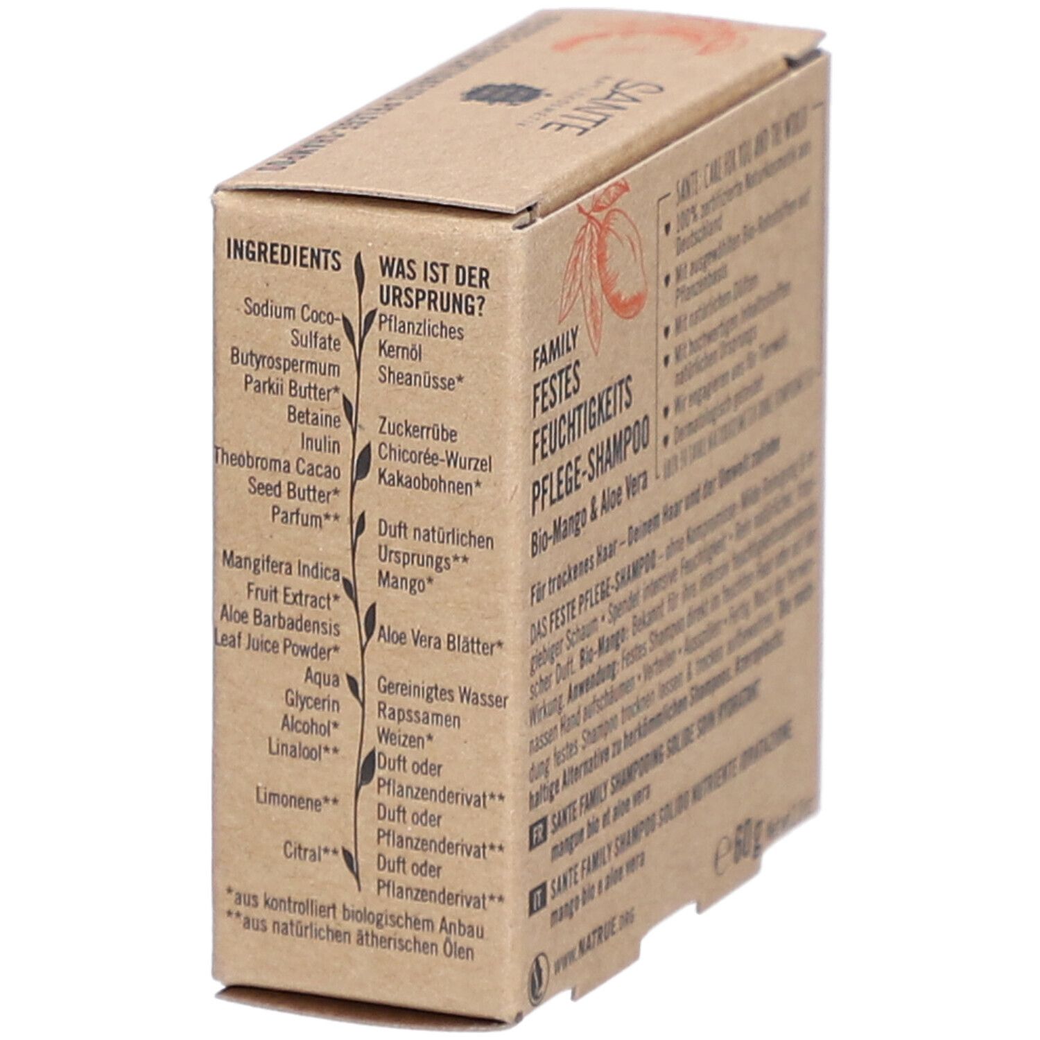 Karton mit Inhaltsstoffliste und Produktinformationen. SANTE-Logo und Produktname. Bio-Zertifizierung.