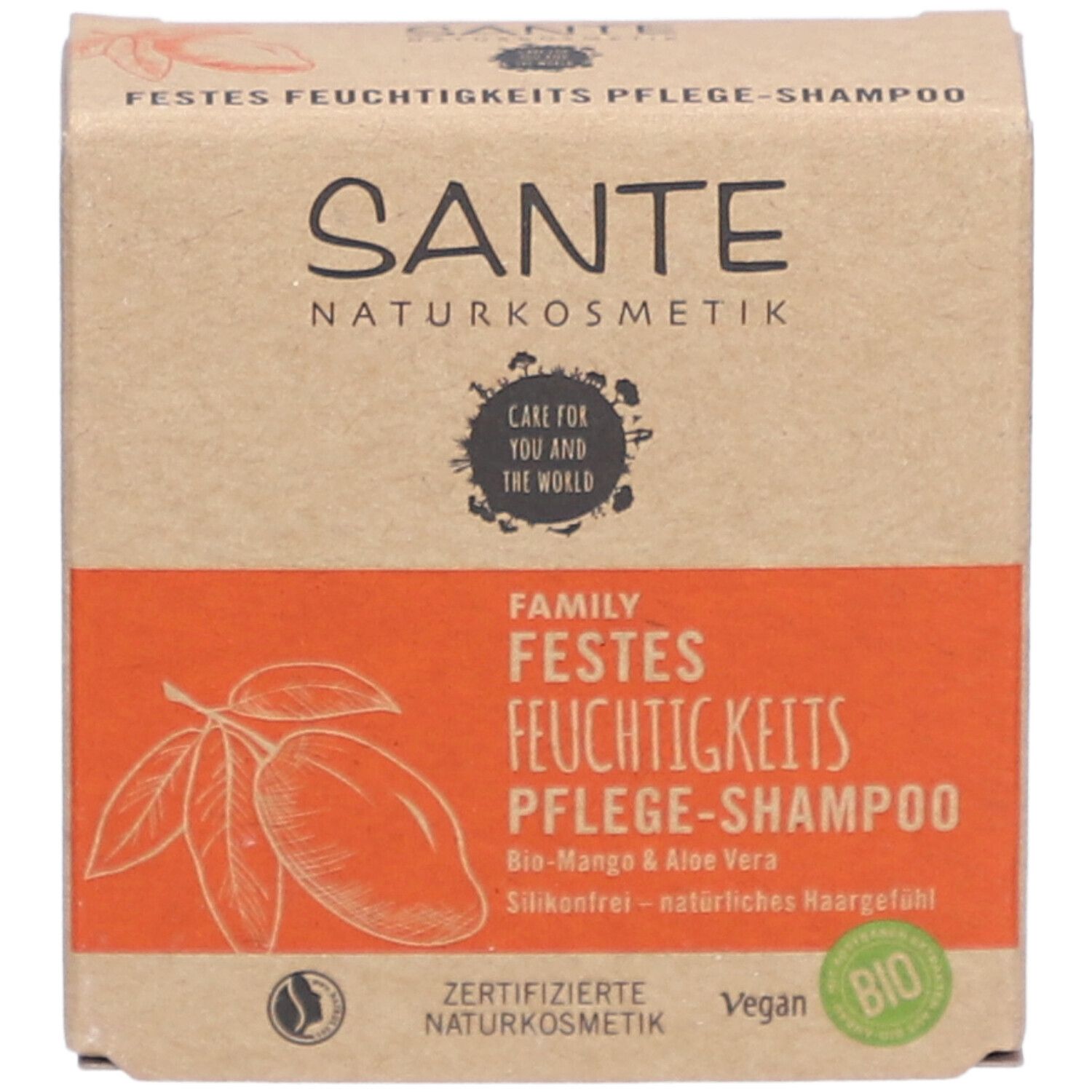 Kartonverpackung mit SANTE-Logo und Produktbezeichnung. Orangefarbenes Feld mit Mango-Illustration. Vegan- und Bio-Siegel.