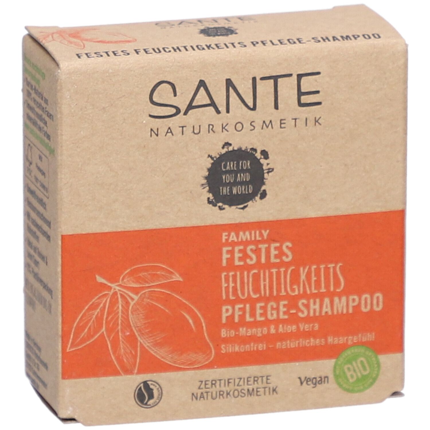 Kartonverpackung mit SANTE-Logo und Produktbezeichnung. Orangefarbenes Feld mit Mango-Illustration. Vegan- und Bio-Siegel.