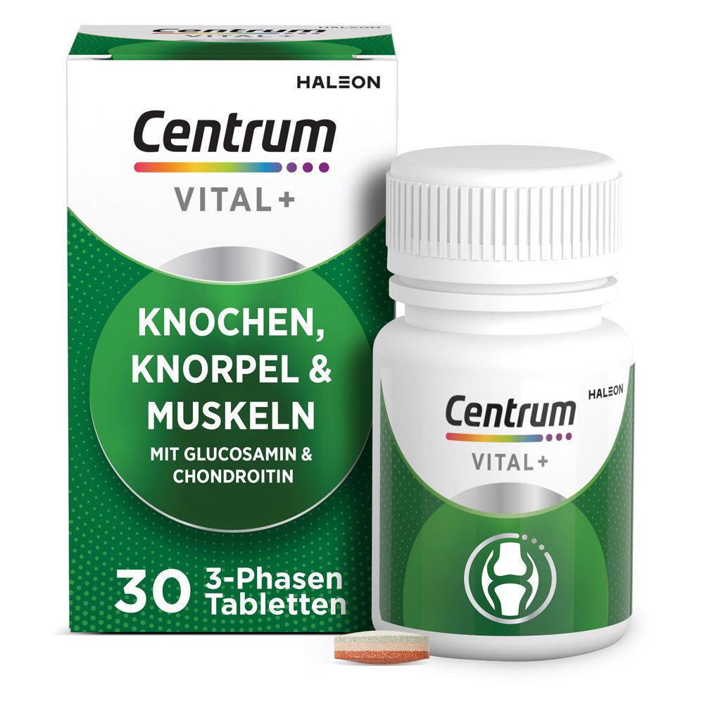 Centrum Vital+ Os, Cartilage & Muscles. Flacon blanc et boîte avec informations produit et 30 comprimés.