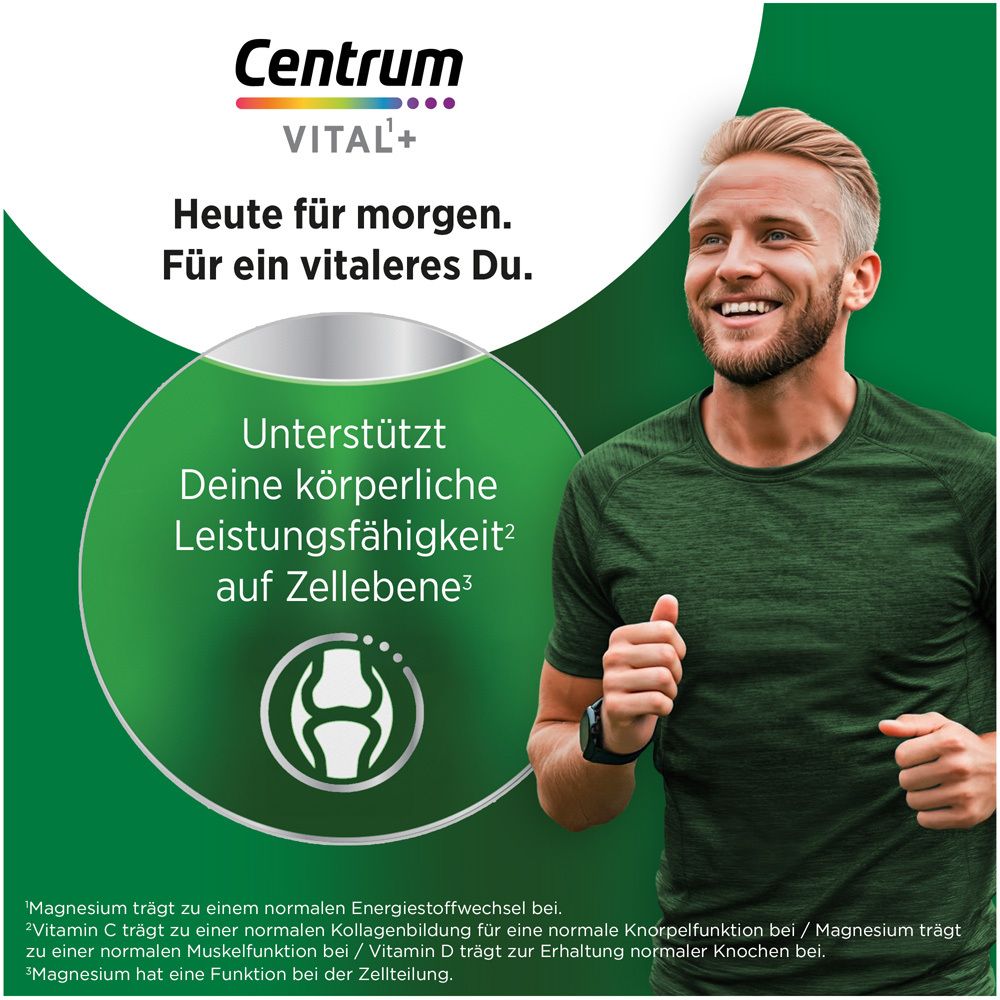 Homme courant. Texte : Soutient la performance physique au niveau cellulaire. Logo Centrum Vital+.