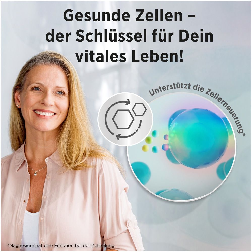 Femme souriante. Texte : Des cellules saines – la clé d'une vie pleine de vitalité ! Soutient le renouvellement cellulaire.