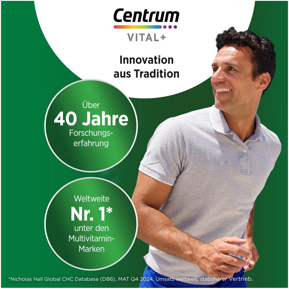 Homme souriant. Texte : Plus de 40 ans d'expérience en recherche. N°1 mondial des marques de multivitamines.