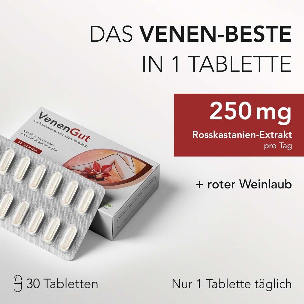 Emballage du produit et blister de comprimés. Texte : 250mg Extrait de marron d'Inde. 30 comprimés. 1 comprimé par jour.