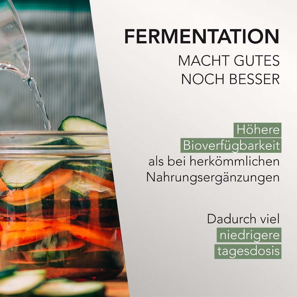 Verre avec légumes dans un liquide. Texte : La fermentation rend le bien encore meilleur. Plus grande biodisponibilité.