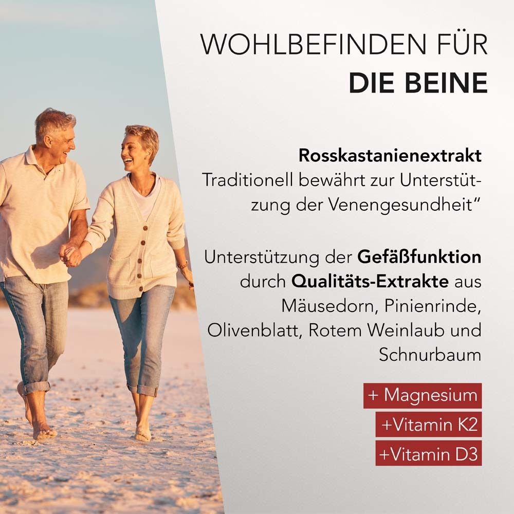 Couple de personnes âgées sur la plage. Texte : Bien-être pour les jambes. Ingrédients : extrait de marron d'Inde, magnésium, Vitamine K2, D3.