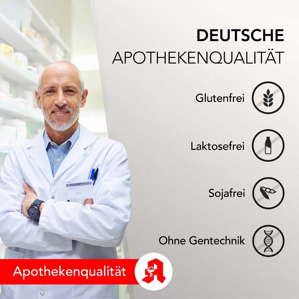 Homme en blouse blanche. Texte : Qualité pharmaceutique allemande. Sans gluten, sans lactose, sans soja, sans OGM.