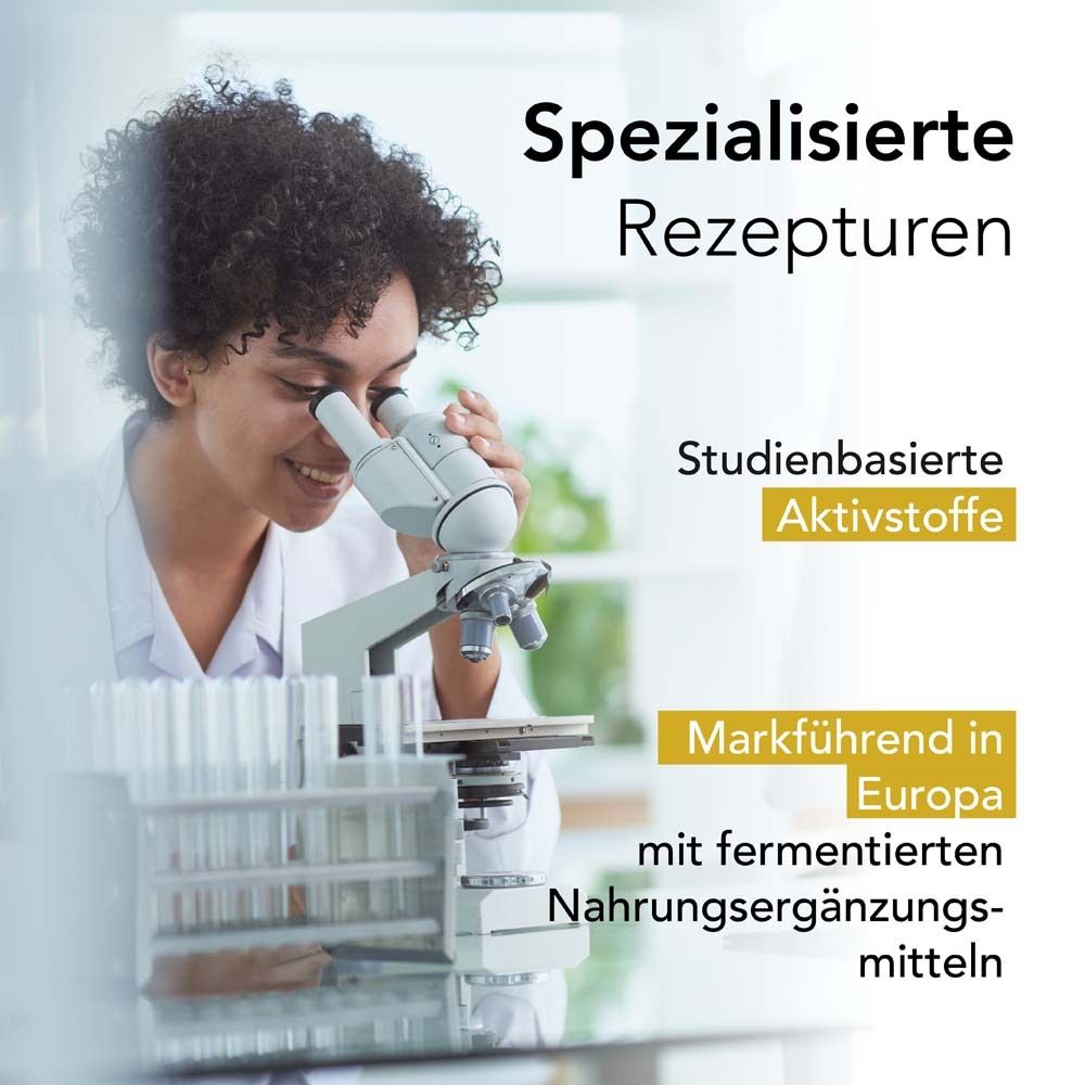 Femme avec un microscope. Texte : Formules spécialisées. Ingrédients actifs basés sur des études. Leader en Europe.