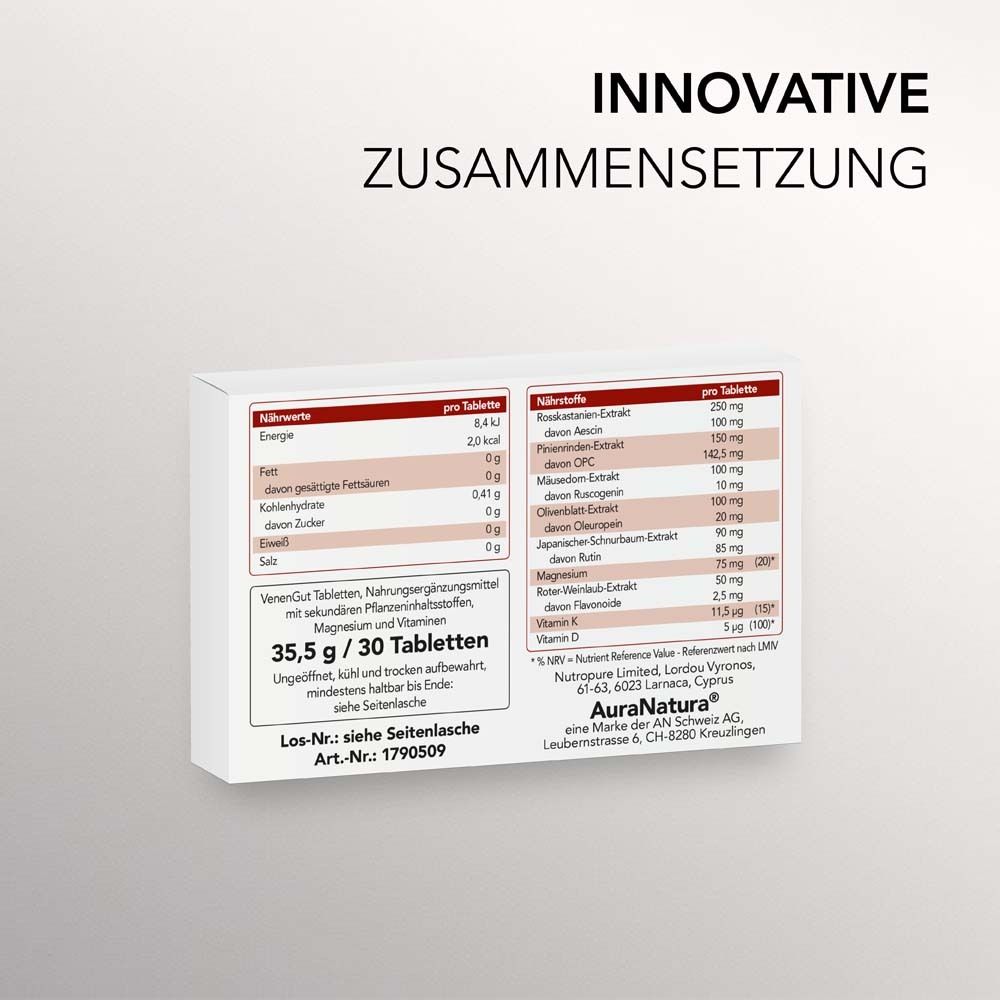 Emballage du produit avec informations sur les ingrédients. Texte : 35,5 g / 30 comprimés. Contient du magnésium et des vitamines.