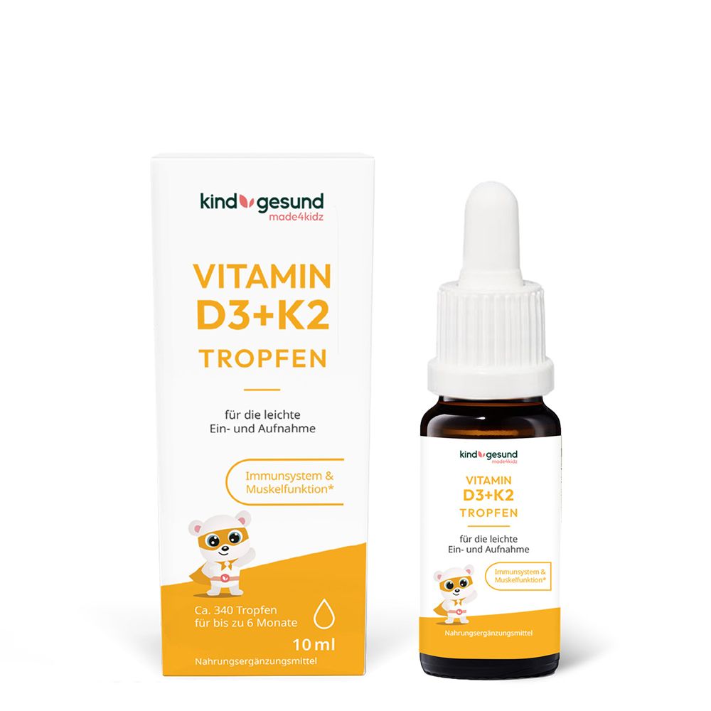 Flacon de gouttes et emballage. Contient de la vitamine D3+K2. Pour enfants. Flacon avec pipette. kindgesund.