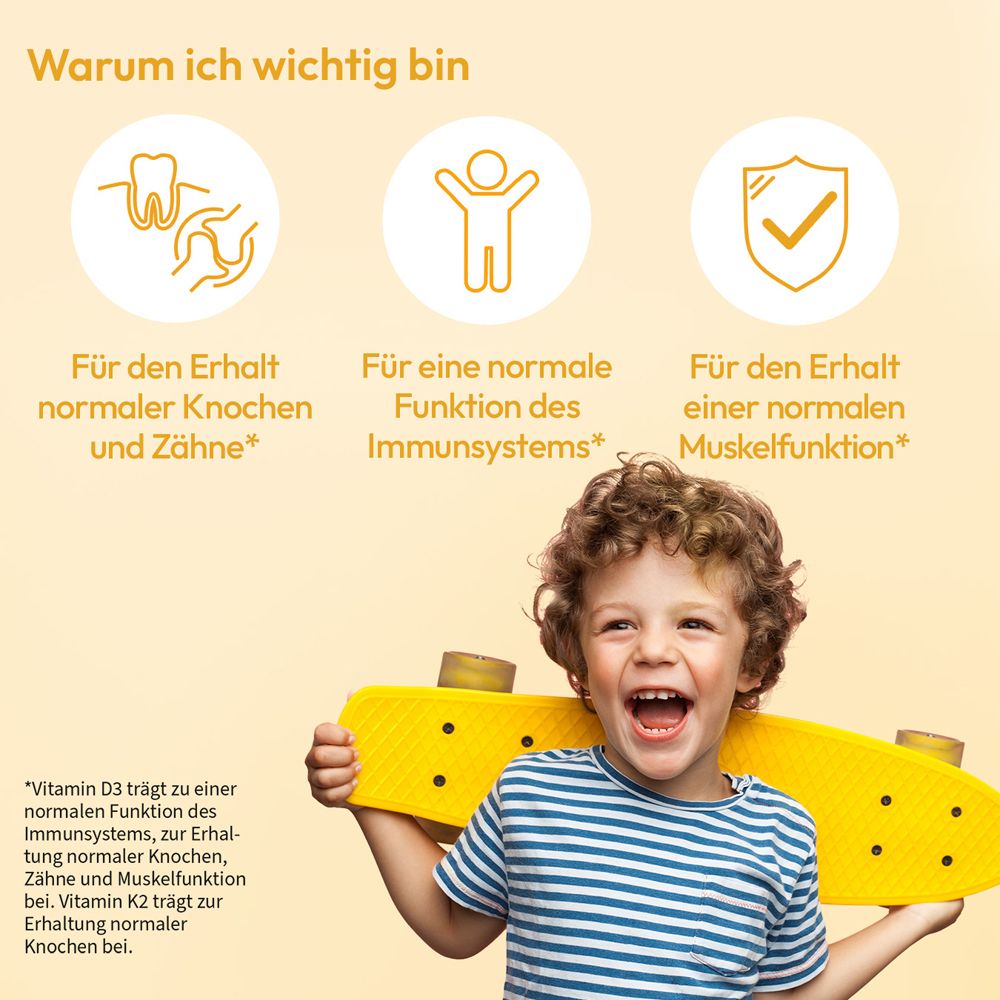 Enfant avec skateboard. Texte : Pour les os, le système immunitaire et les muscles. Vitamine D3 et K2. Fond jaune.