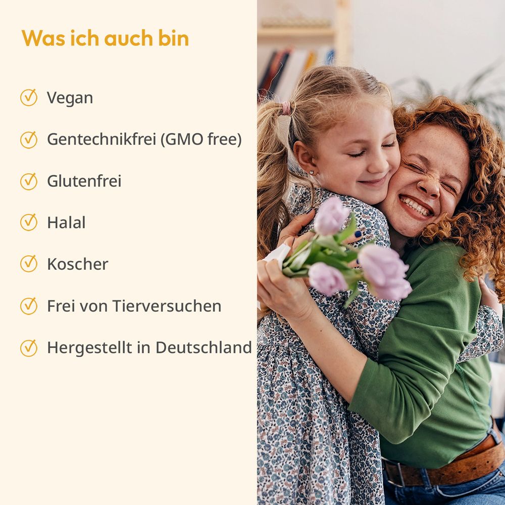 Femme embrassant un enfant. Texte : Végétalien, sans génie génétique, sans gluten, halal, casher, sans tests sur les animaux.