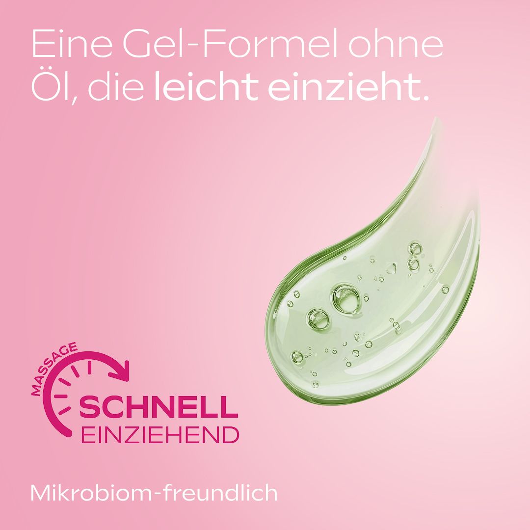 Grünes Gel auf rosa Hintergrund. Text: Schnell einziehend. Mikrobiom-freundlich.