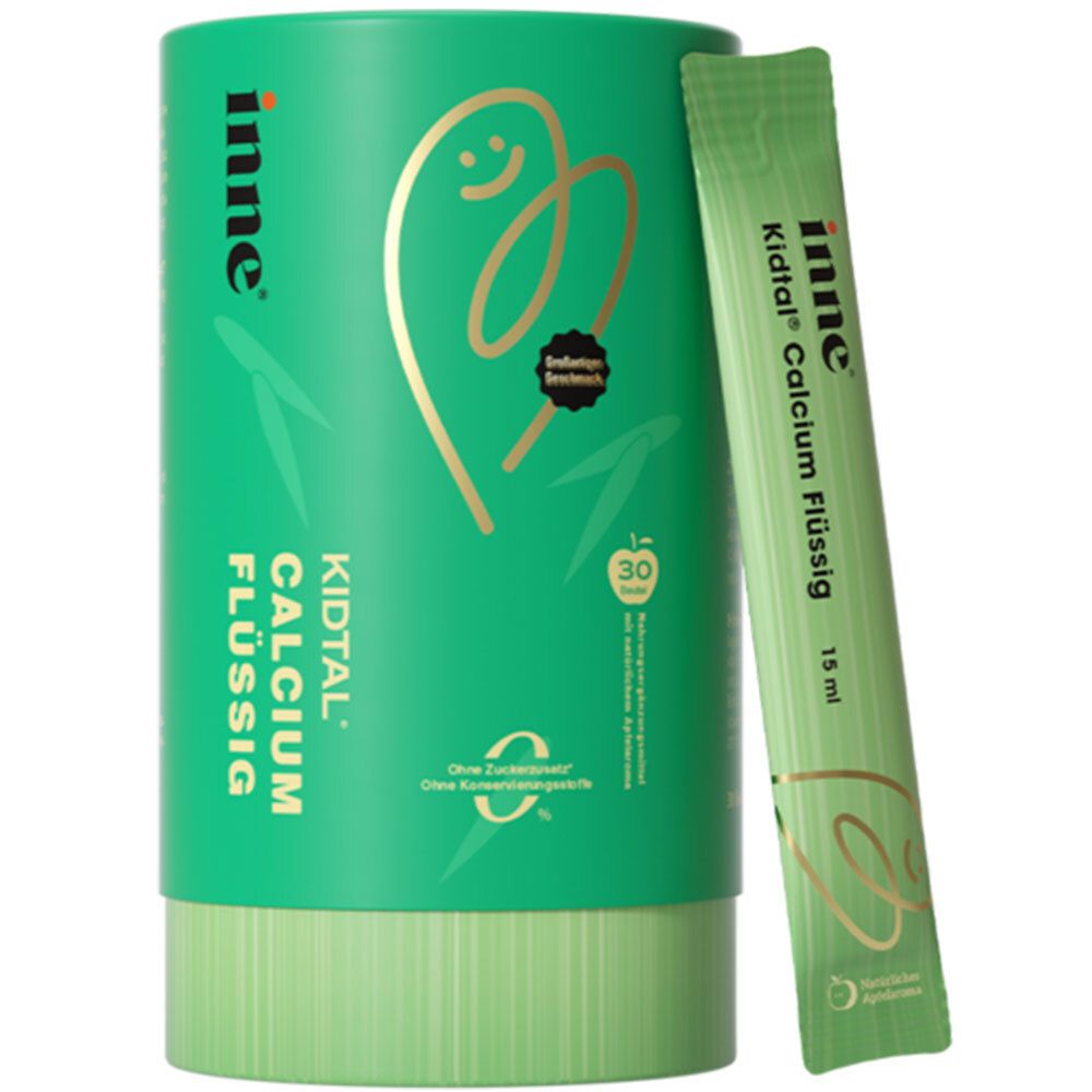 Boîte verte et sachet avec inscription inne® Kidtal® Calcium Flüssig. Sachet: 15 ml.
