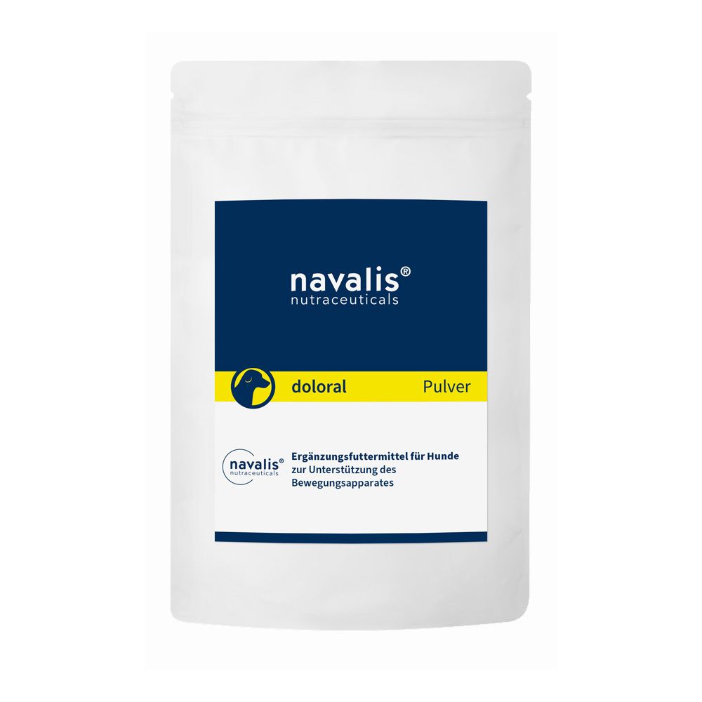 Sachet blanc avec étiquette bleue. Inscription : navalis® doloral, poudre. Logo : tête de chien. Texte : Complément alimentaire pour chiens.