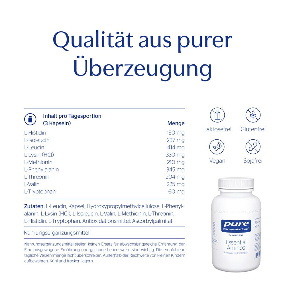 Texte avec informations sur le contenu et icônes. Flacon Essential Aminos. Qualité par conviction pure.