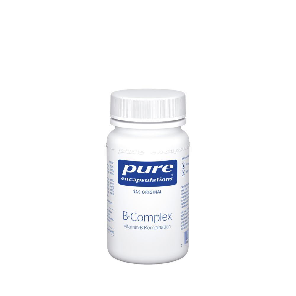 Pot blanc avec étiquette pure encapsulations® B-Complex Vitamin-B-Kombination.
