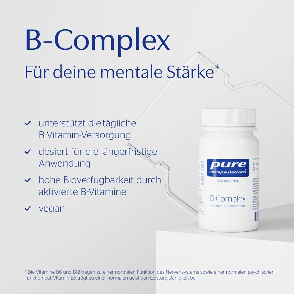 Pot pure encapsulations® B-Complex avec texte sur la force mentale, l'apport quotidien et la formule végétalienne.