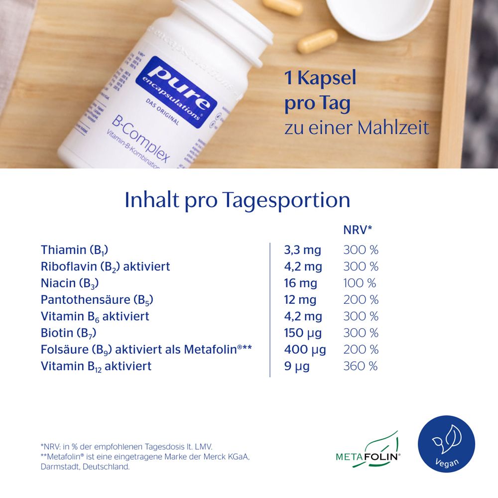Pot pure encapsulations® B-Complex avec aperçu des ingrédients par portion journalière et sceau végétalien.