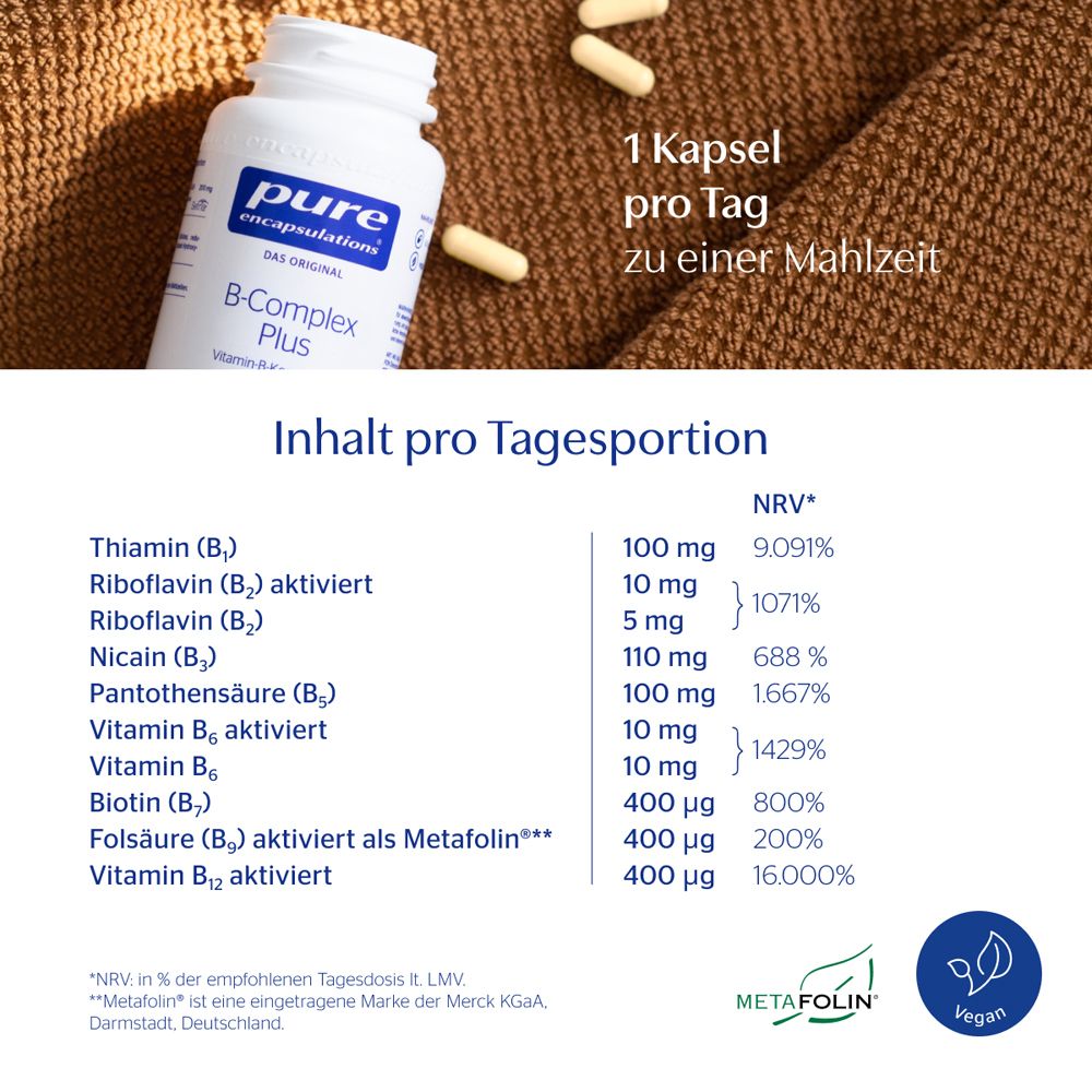 Tabelle mit Inhaltsstoffen pro Tagesportion. Flasche B-Complex Plus. Text: 1 Kapsel pro Tag zu einer Mahlzeit.