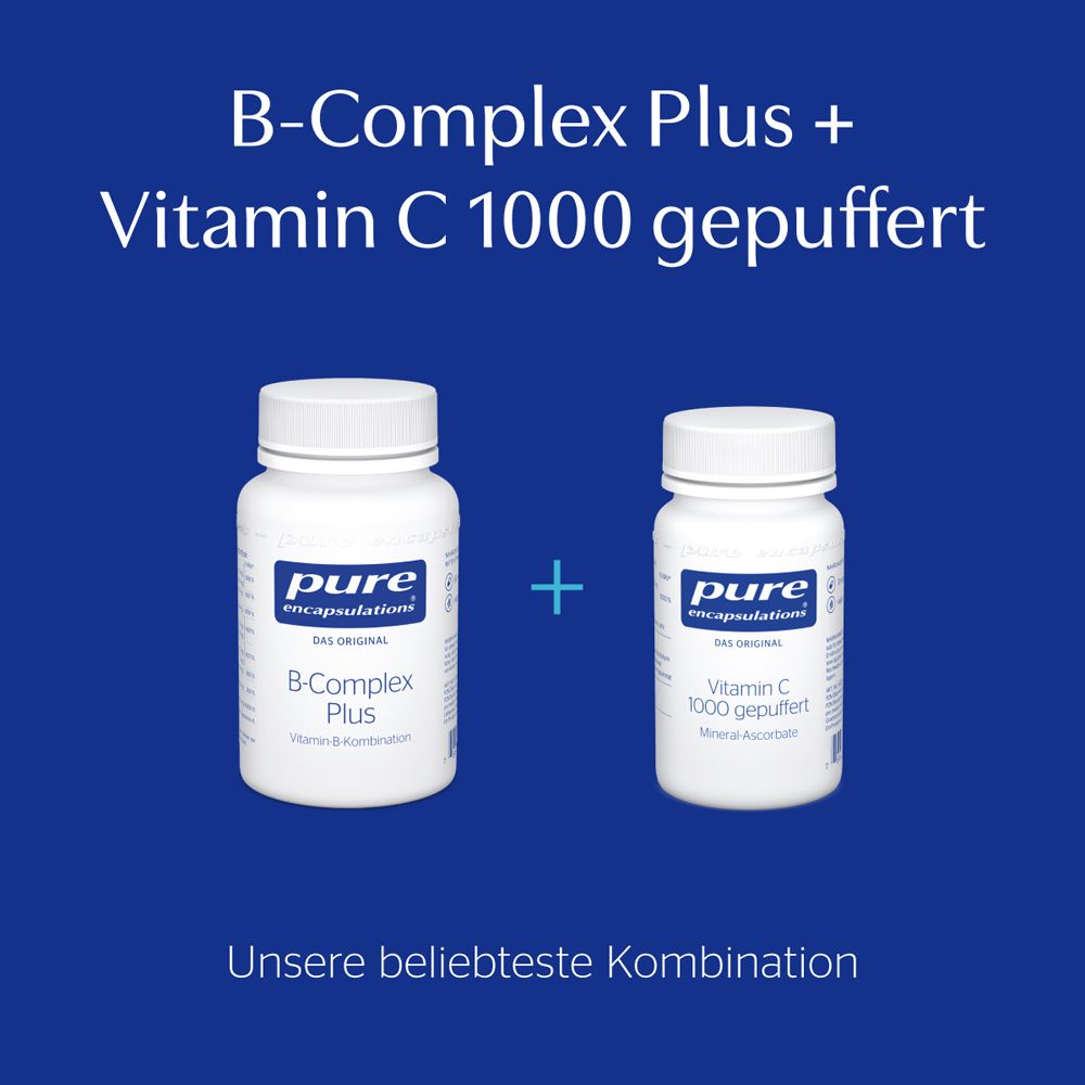 Zwei Flaschen: B-Complex Plus und Vitamin C 1000 gepuffert. Text: Unsere beliebteste Kombination.