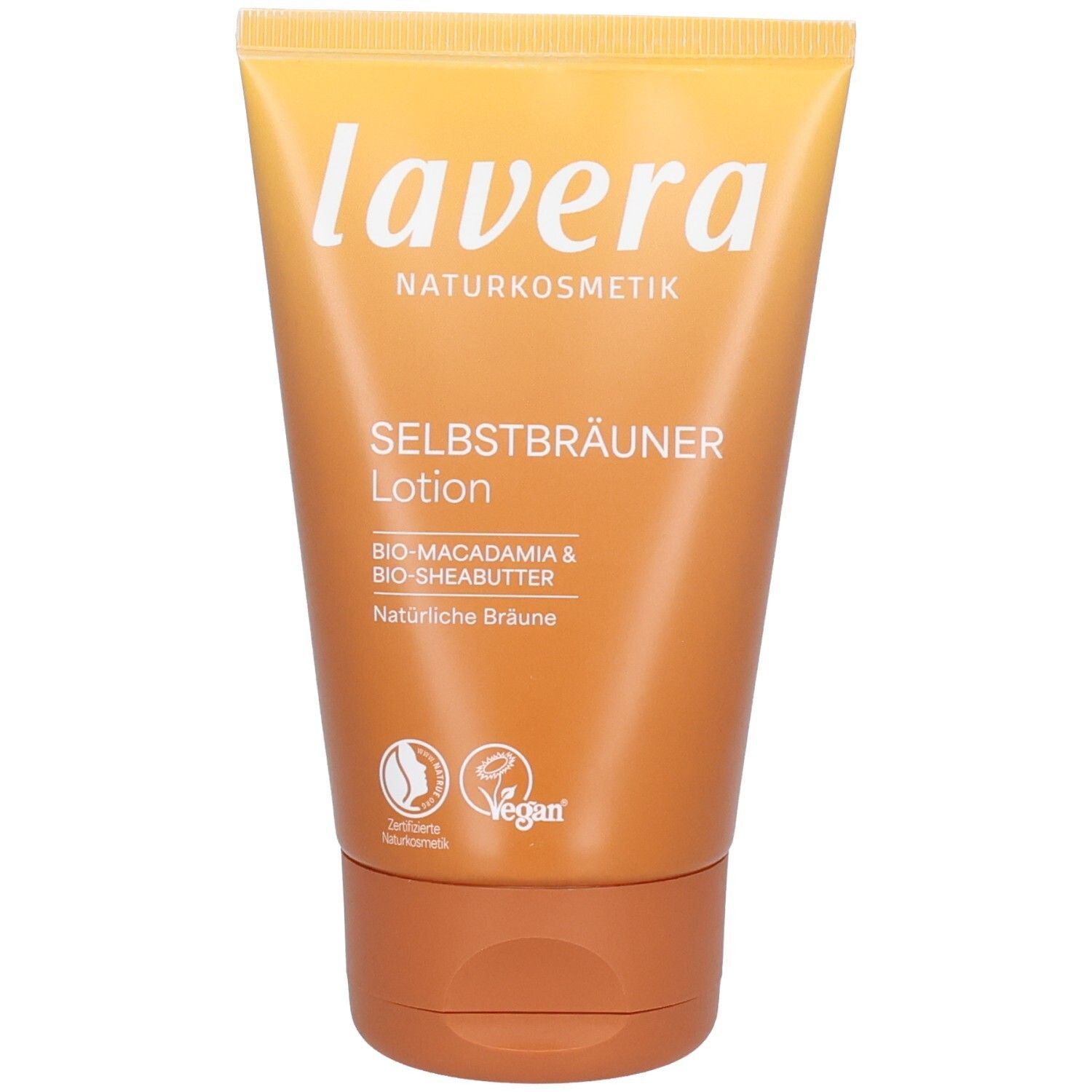 Lavera Selbstbräuner Lotion in orangefarbener Tube mit weißem Aufdruck. Enthält Bio-Macadamia & Bio-Sheabutter.