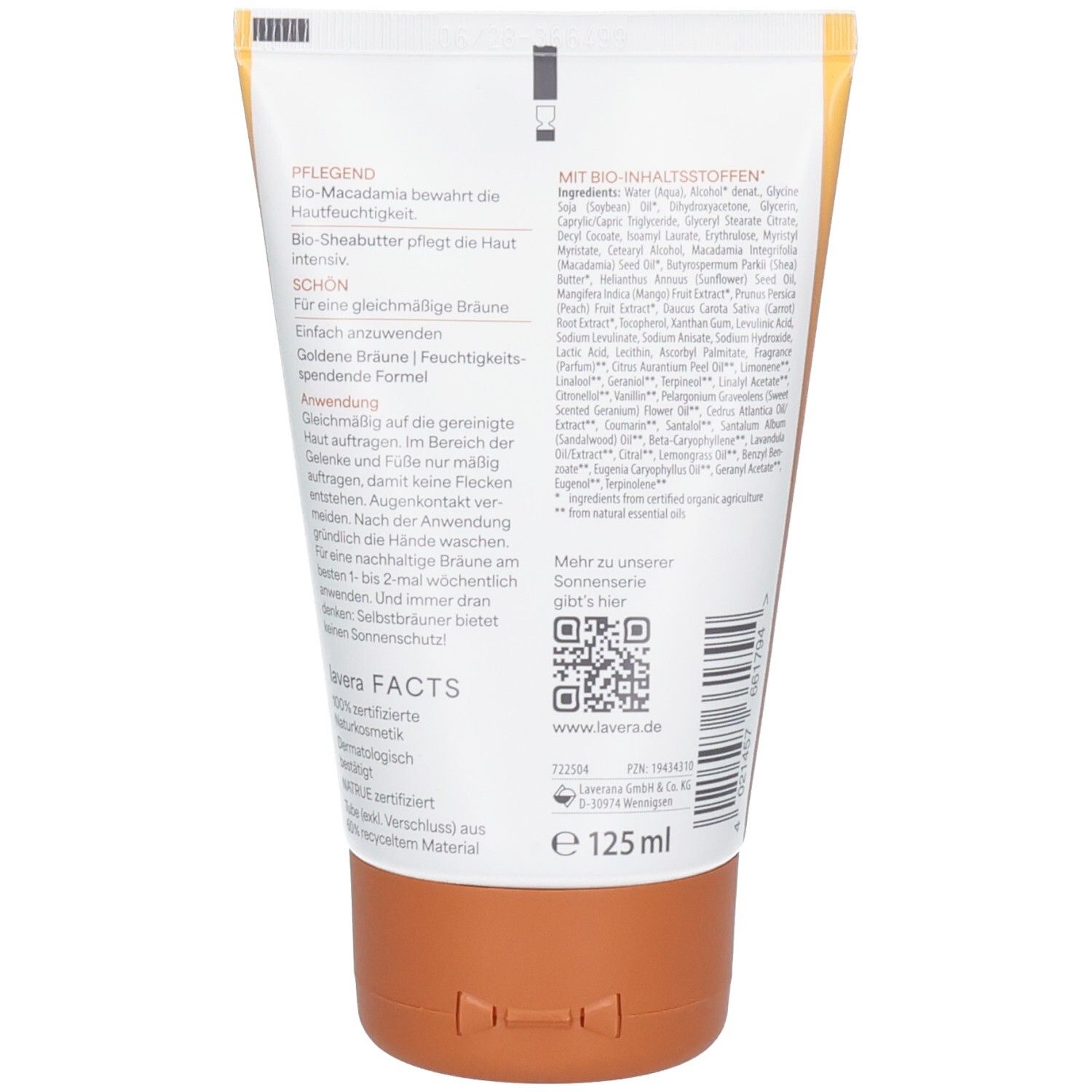 Weiße Tube mit gelbem Verschluss, 125 ml. Enthält Inhaltsstoffe und Anwendungshinweise.