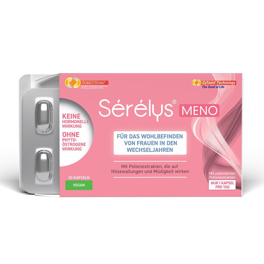 Boîte Sérélys® MENO avec 30 gélules et deux gélules. Inscription : Sans effet hormonal, sans phyto-œstrogènes.