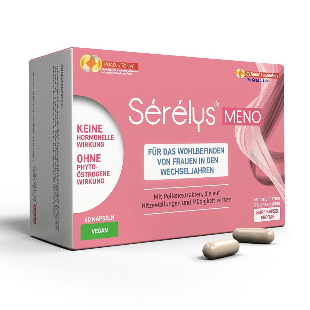 Boîte Sérélys® MENO rose avec 60 gélules. Inscription: Sans effet hormonal, sans phytoestrogènes. Deux gélules visibles.