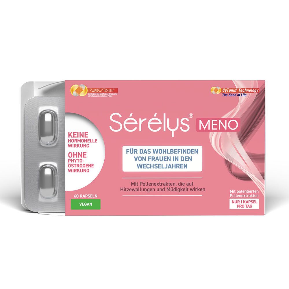 Boîte Sérélys® MENO avec blister. Boîte rose avec blister et gélules. Contient 60 gélules. Inscription: Sans effet hormonal.