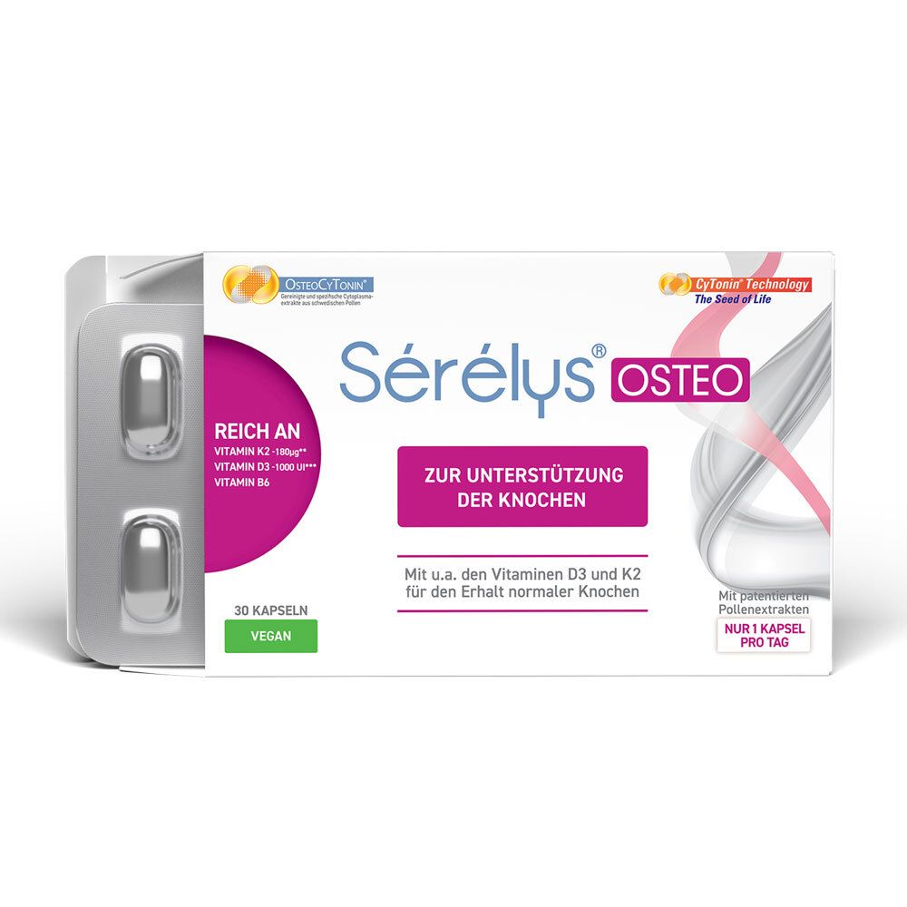 Blister de Sérélys OSTEO avec 2 gélules. Contient vitamine K2, D3 et B6. Vegan.