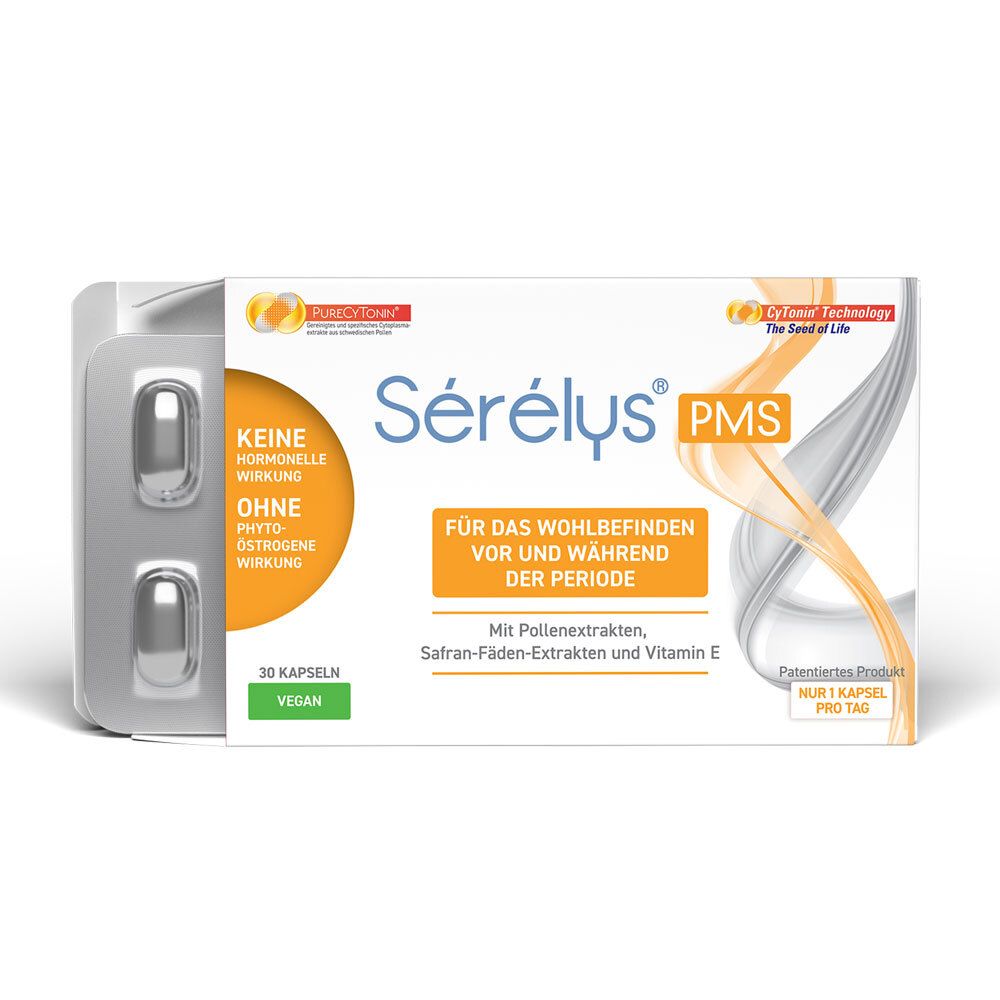 Boîte de Sérélys® PMS avec 30 gélules et blister de deux gélules. Inscription : Sans effet hormonal, sans phytoestrogènes.