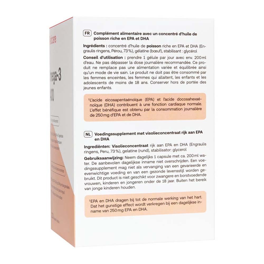 Dos de la boîte Redcare Omega-3 1400 Kapseln. Texte en français, informations sur le produit.