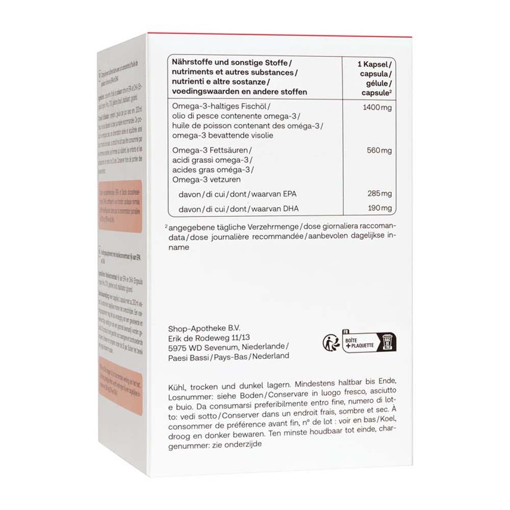 Dos de la boîte Redcare Omega-3 1400 Kapseln. Ingrédients et valeurs nutritionnelles.