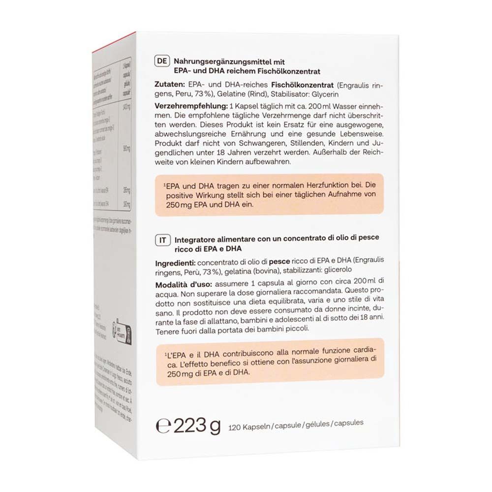 Dos de la boîte Redcare Omega-3 1400 Kapseln. Texte en français et italien.