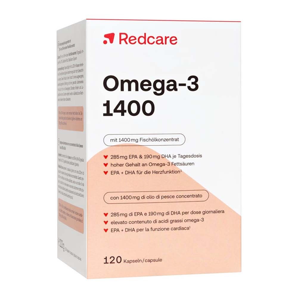 Boîte de Redcare Omega-3 1400 Kapseln. Informations produit et logo Redcare sur fond blanc.