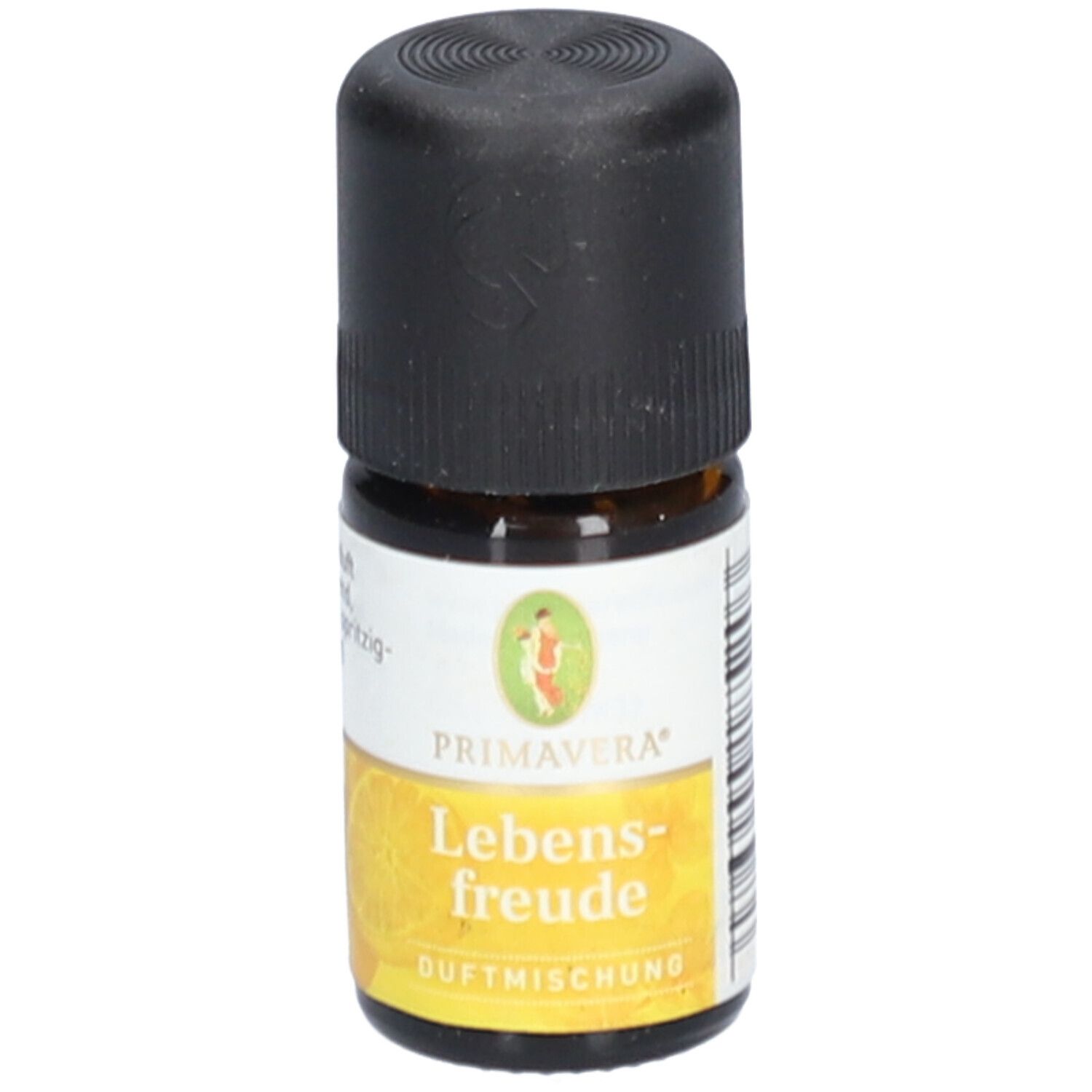 Flacon en verre brun avec bouchon noir. Étiquette "PRIMAVERA Lebensfreude Duftmischung".