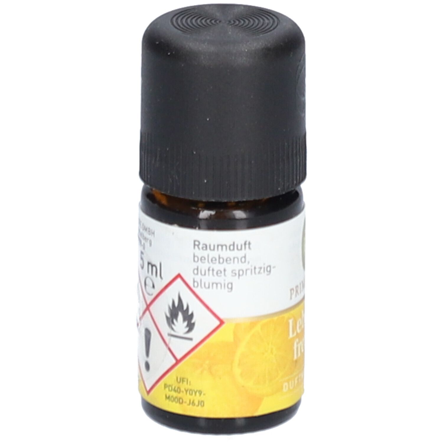 Flacon en verre brun avec bouchon noir. Étiquette avec symboles d'avertissement et "5 ml".