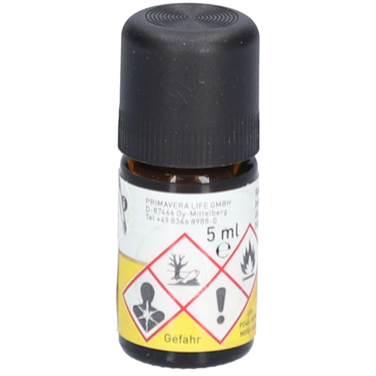 Flacon en verre brun avec bouchon noir. Étiquette avec symboles d'avertissement et "Danger".