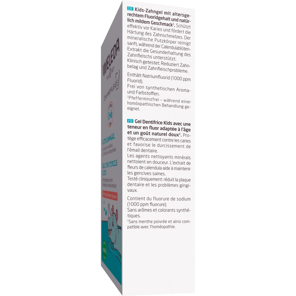 Emballage de Weleda Kids-Zahngel. Texte en allemand et français. Contient du fluorure. Label bio.
