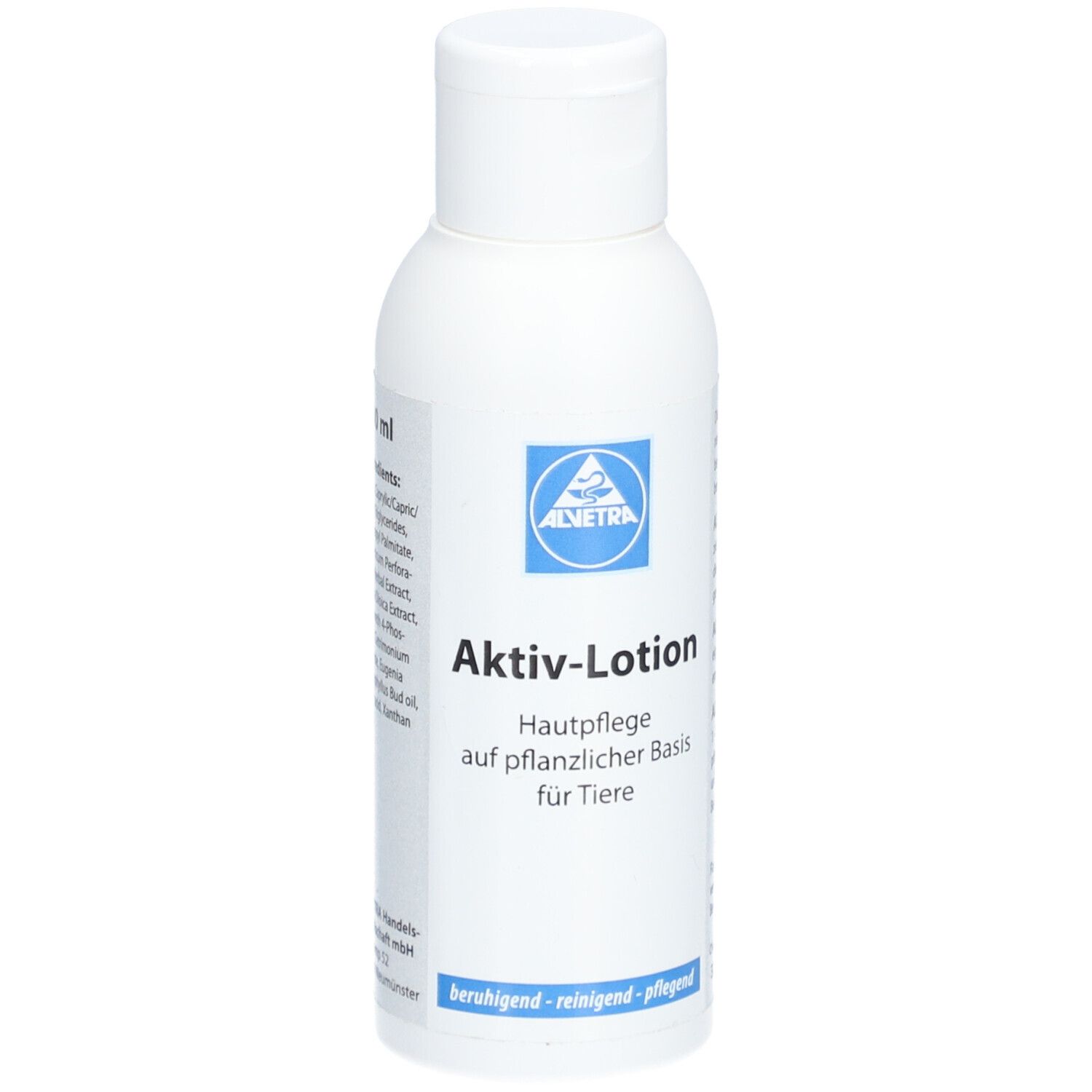 Weiße Flasche mit blauem Logo und Text. "Aktiv-Lotion" und "Hautpflege für Tiere" sind sichtbar.