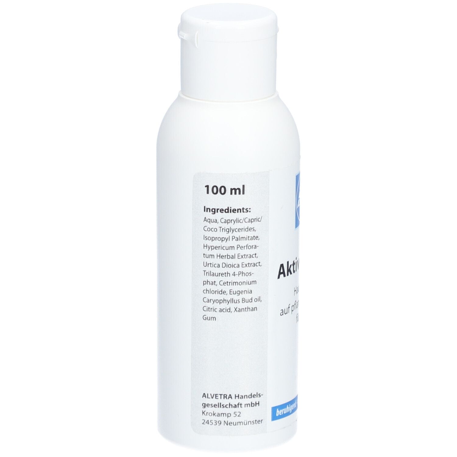 Weiße Flasche mit Text und Zutatenliste. "100 ml" und "ALVETRA Handelsgesellschaft mbH" sind sichtbar.