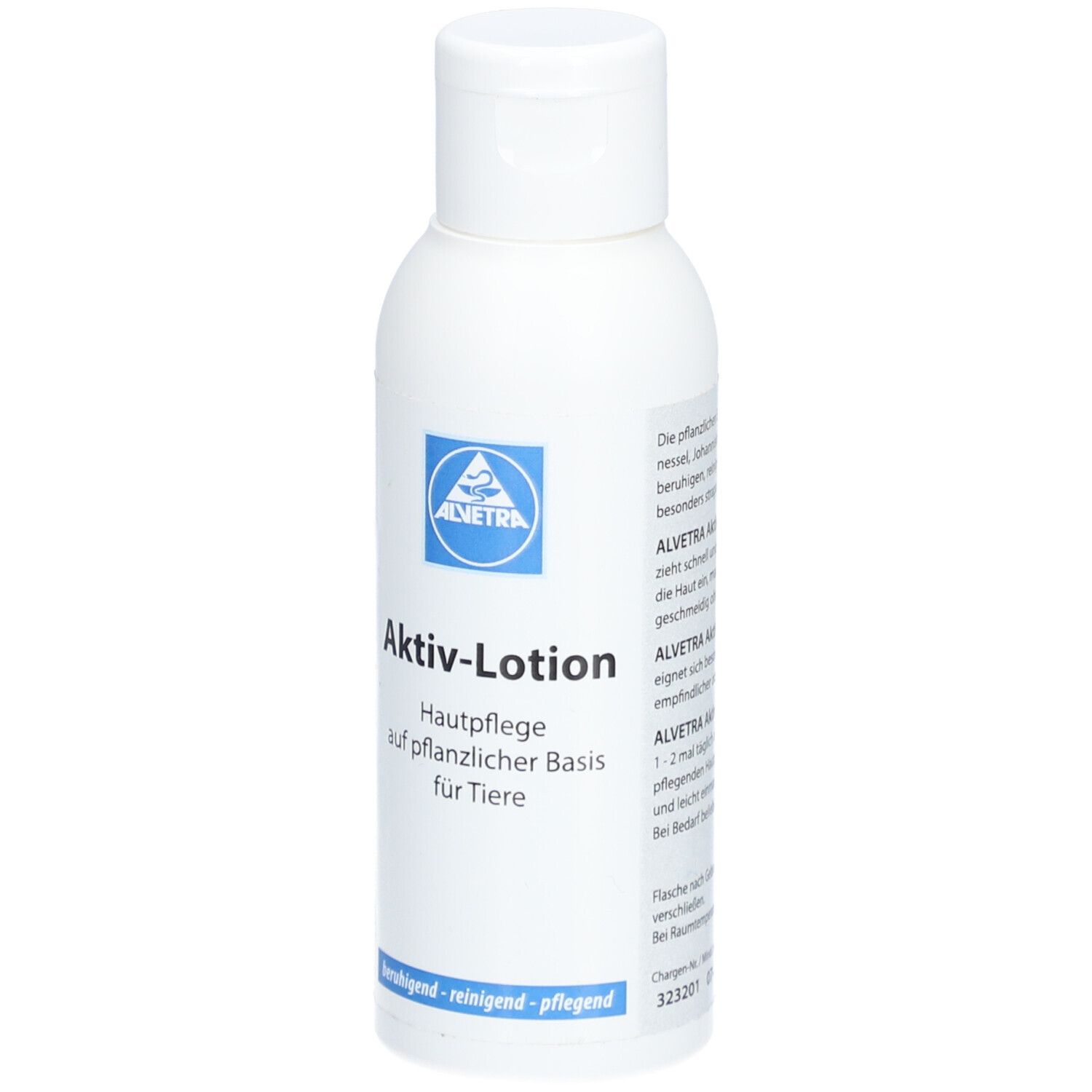Weiße Flasche mit blauem Logo und Text. "Aktiv-Lotion" und "Hautpflege für Tiere" sind sichtbar.